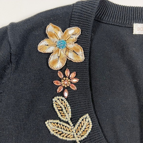 Boston Proper Black Beaded Embroidered Floral V Neck Sweater XS So Soft! - Picture 4 of 14
